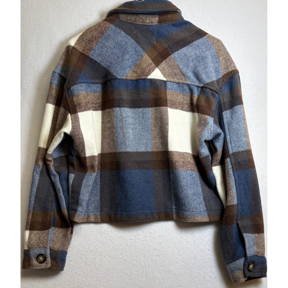 Ashley By 26 International Cropped Plaid Shacket Blue Brown Wool Blend Small - Picture 4 of 9